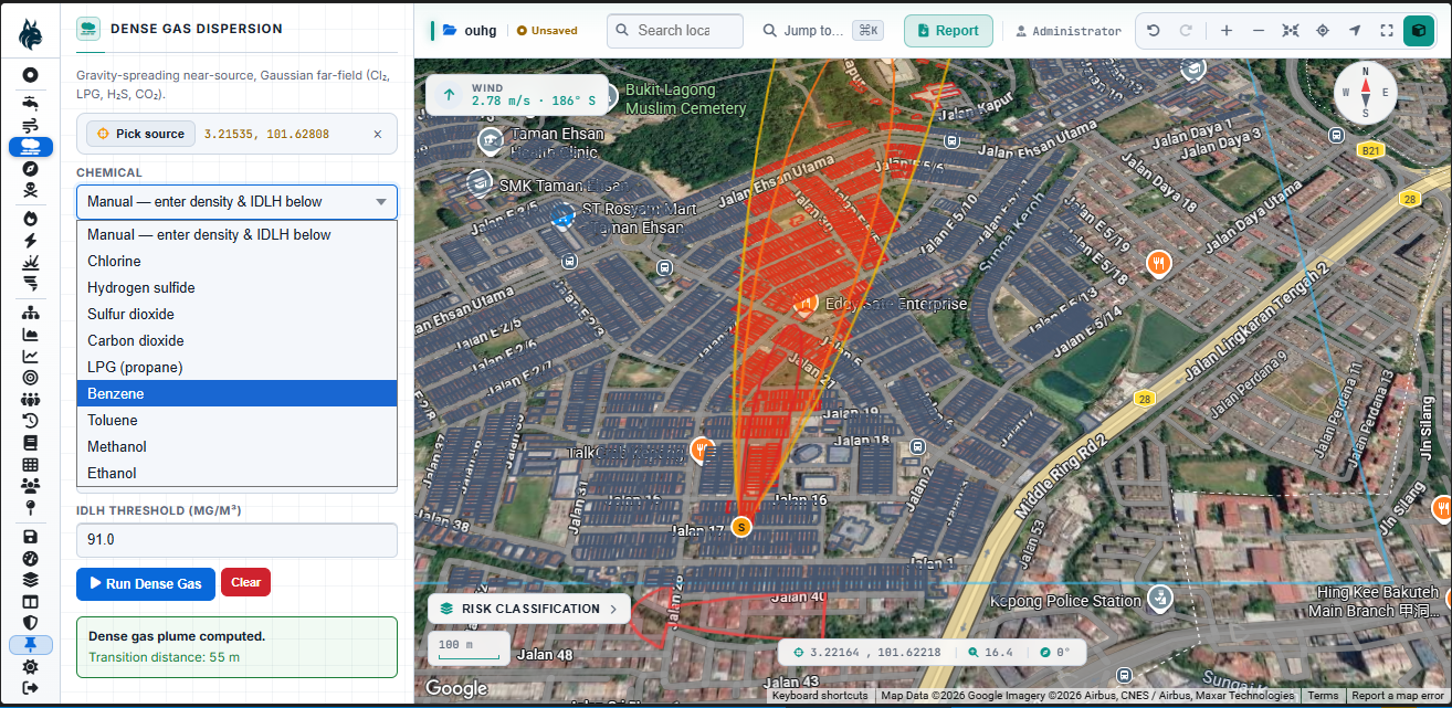 Map-native dense-gas dispersion footprint with live wind and stability inputs.
